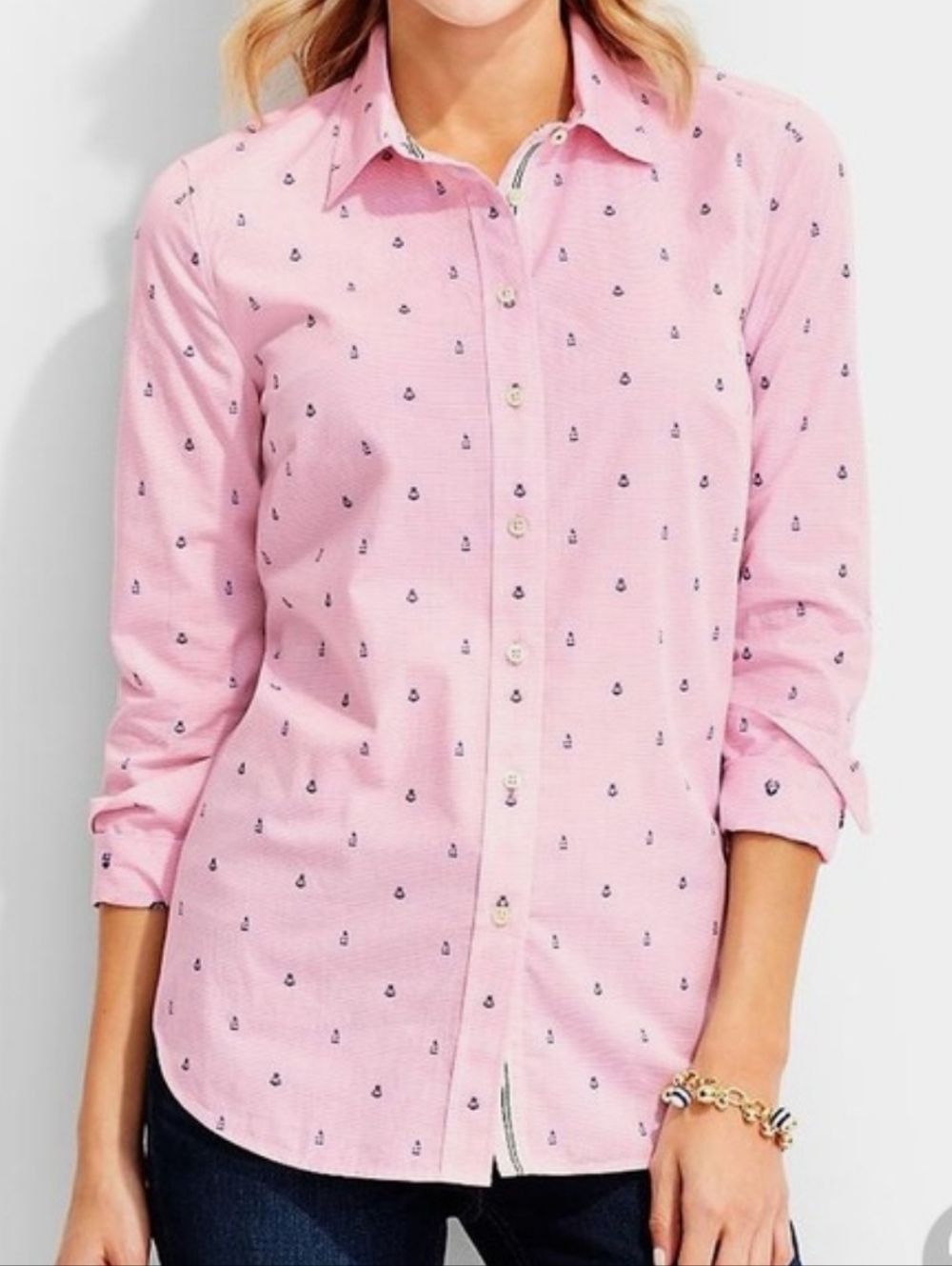 Talbots Striped Anchor Embroidered Button Up Shirt #3534